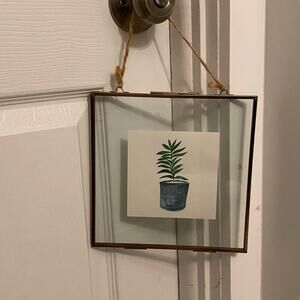 Clear 8" x 8" Hanging Picture Frame w/ Golden Trim - Potted Tree Colored Drawing